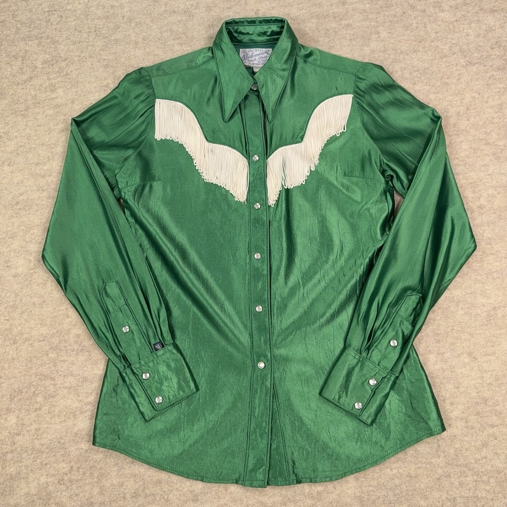 Vtg Rockmount Ranch Wear Pearl Snap Button Green Fringe Western Shirt Womens 32